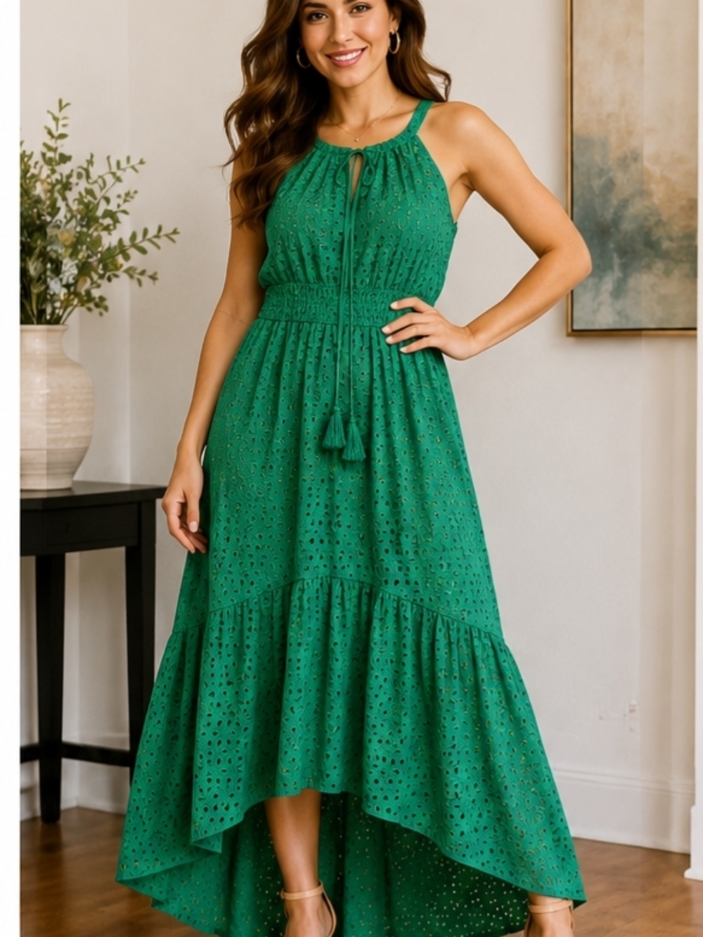 Vince Camuto Green Eyelet Halter High-Low Maxi Dress Size 4
